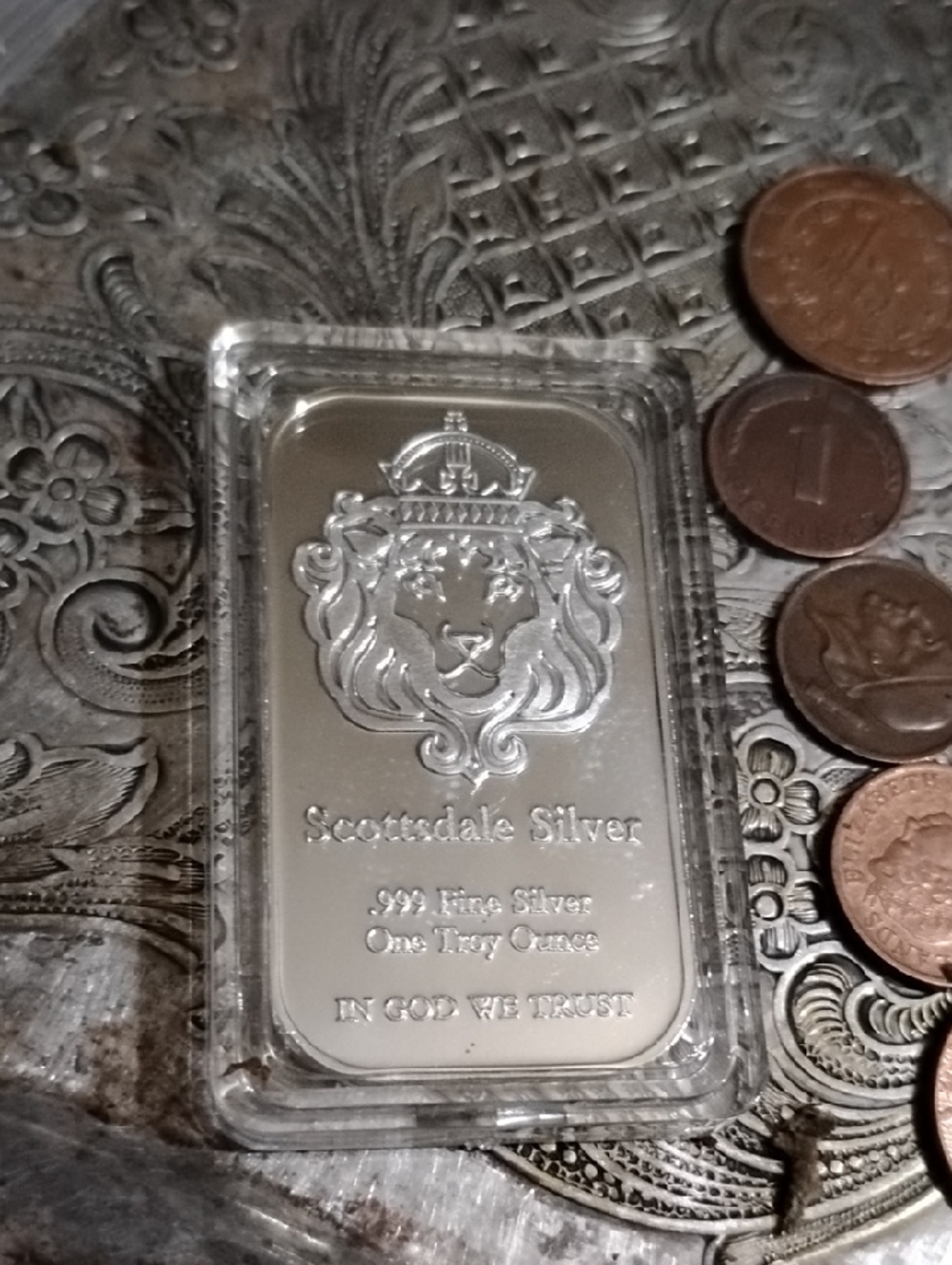 Scottsdale Silver Plated 1oz .999 Fine Silver Bar - Lion Design& Copper Coins - Picture 3 of 4